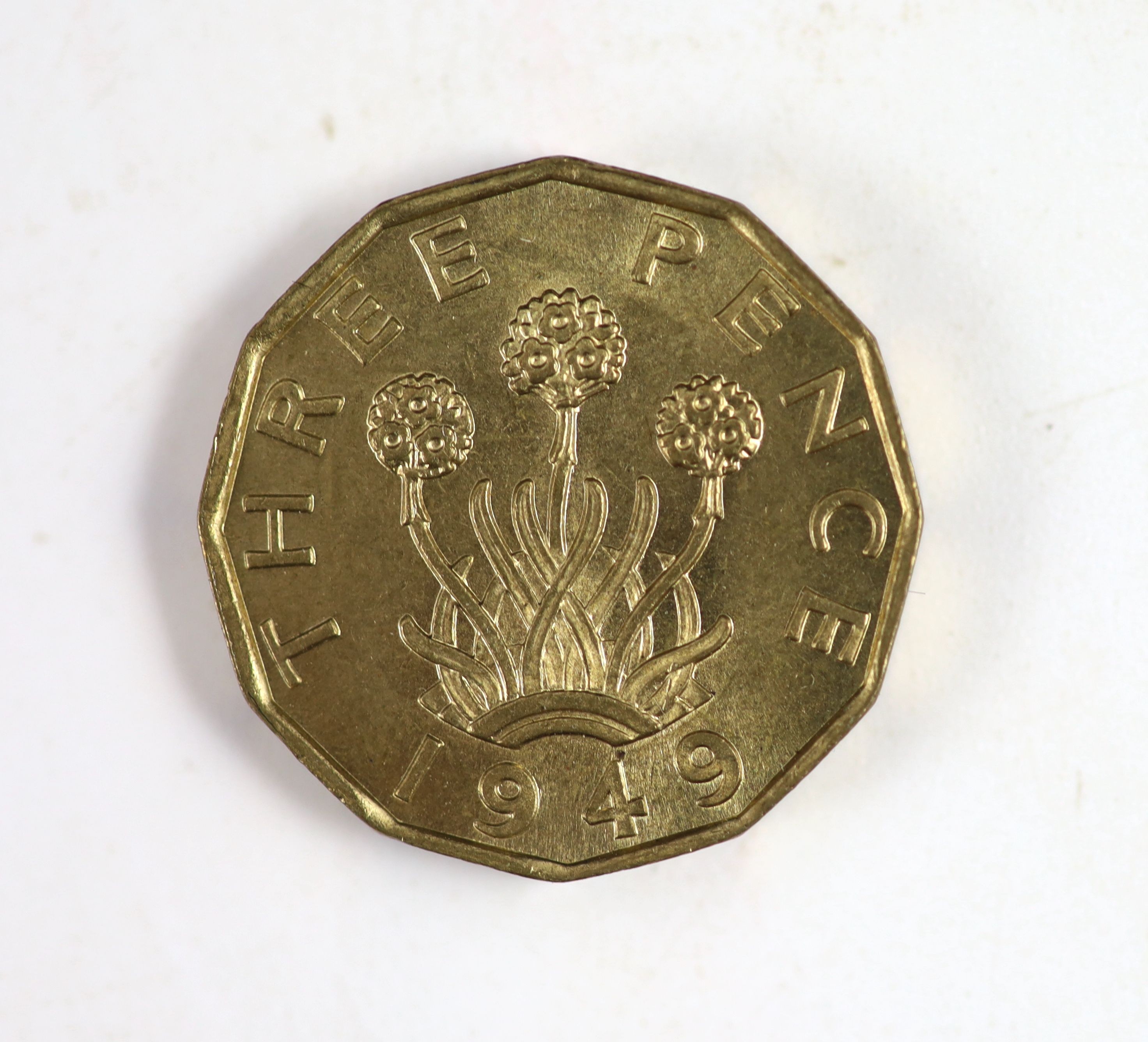 George VI nine coin specimen set for 1949, second issue, including the rare 1949 brass threepence (S4113), EF, rare in this grade or higher